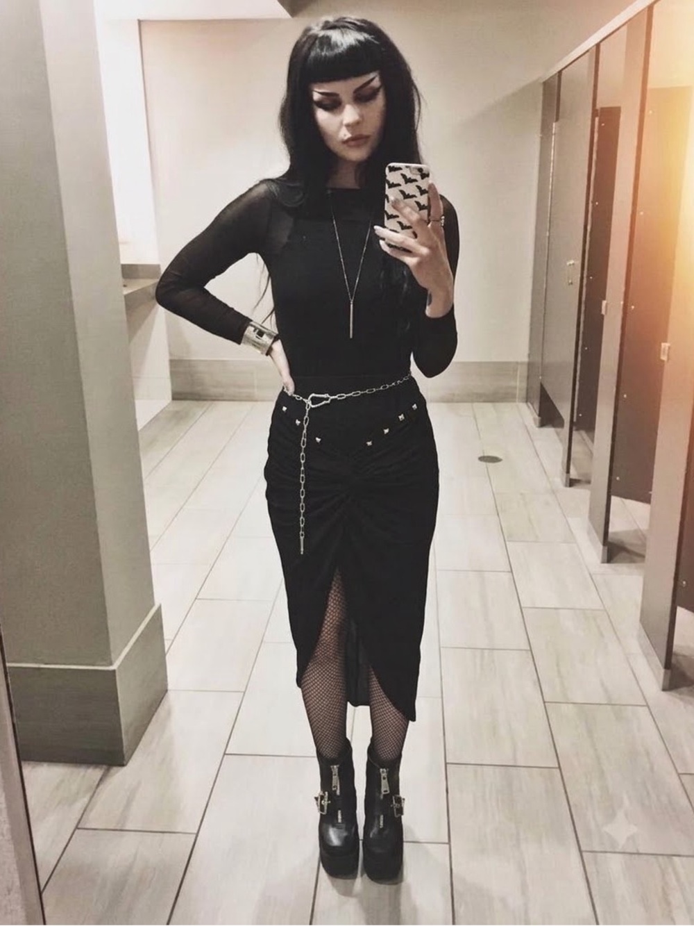 Black Gothic Ruched Wrap Midi Skirt - Unbranded